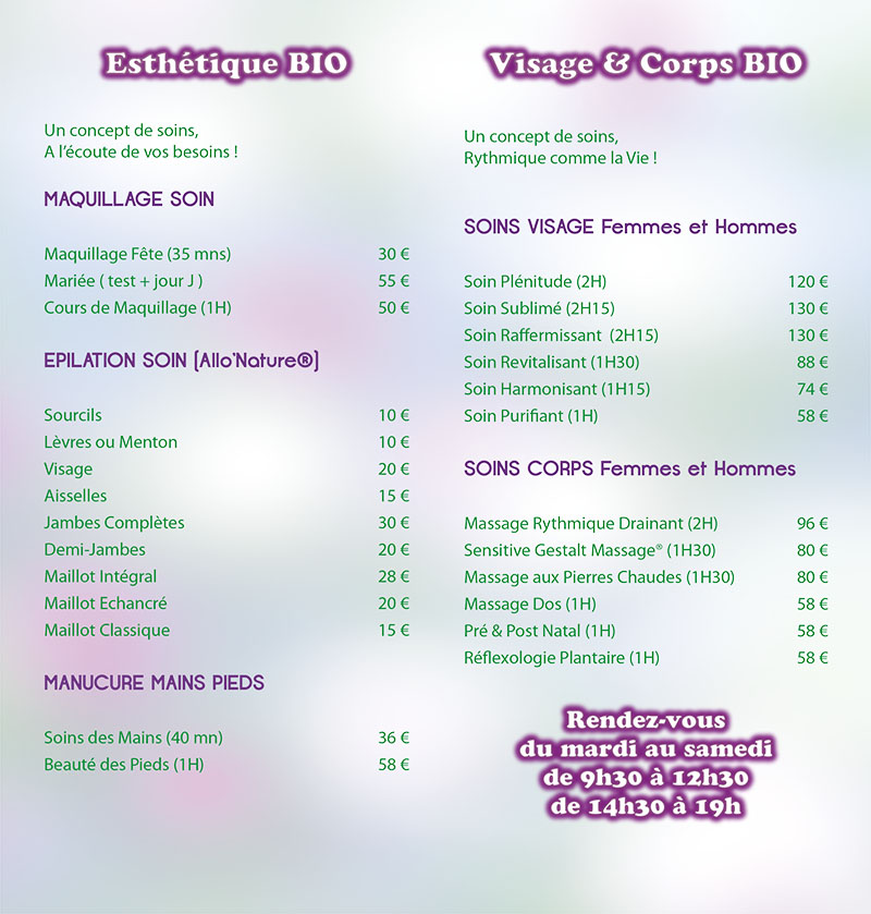 Prix et tarifs de soins cosmétiques et de bien-être Limoges